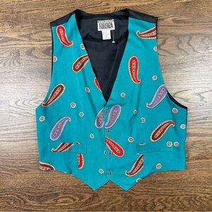 Vintage Forenza Vest Mens Medium Teal Paisley Button Front Made in Hong Kong 90s